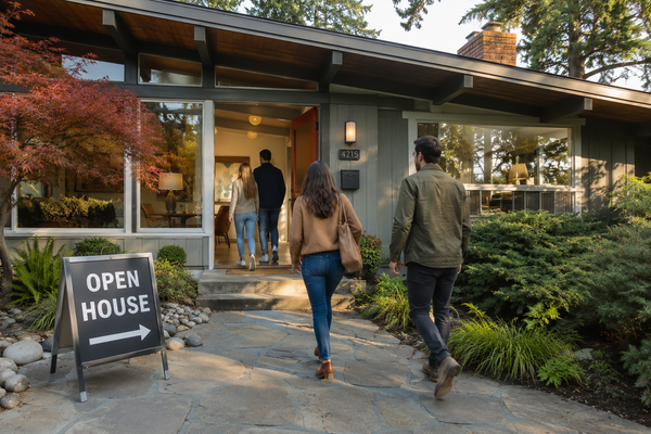 people walking into a real estate open house with an open house sign