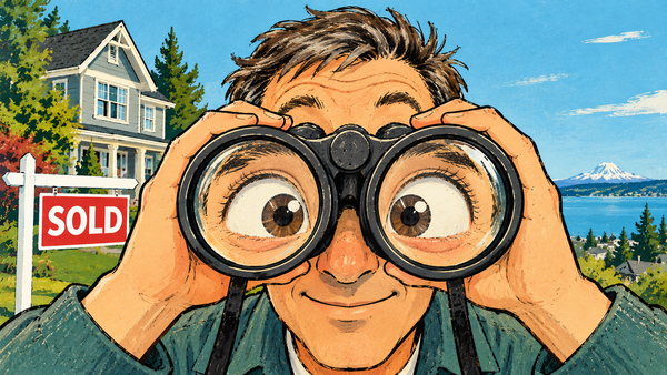 Man in the Pacific Northwest looking through binoculars in front of a sold house