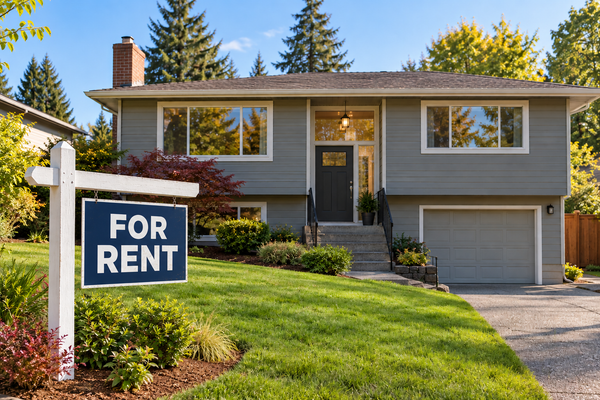 Split entry home in Tacoma with a For Rent sign in front