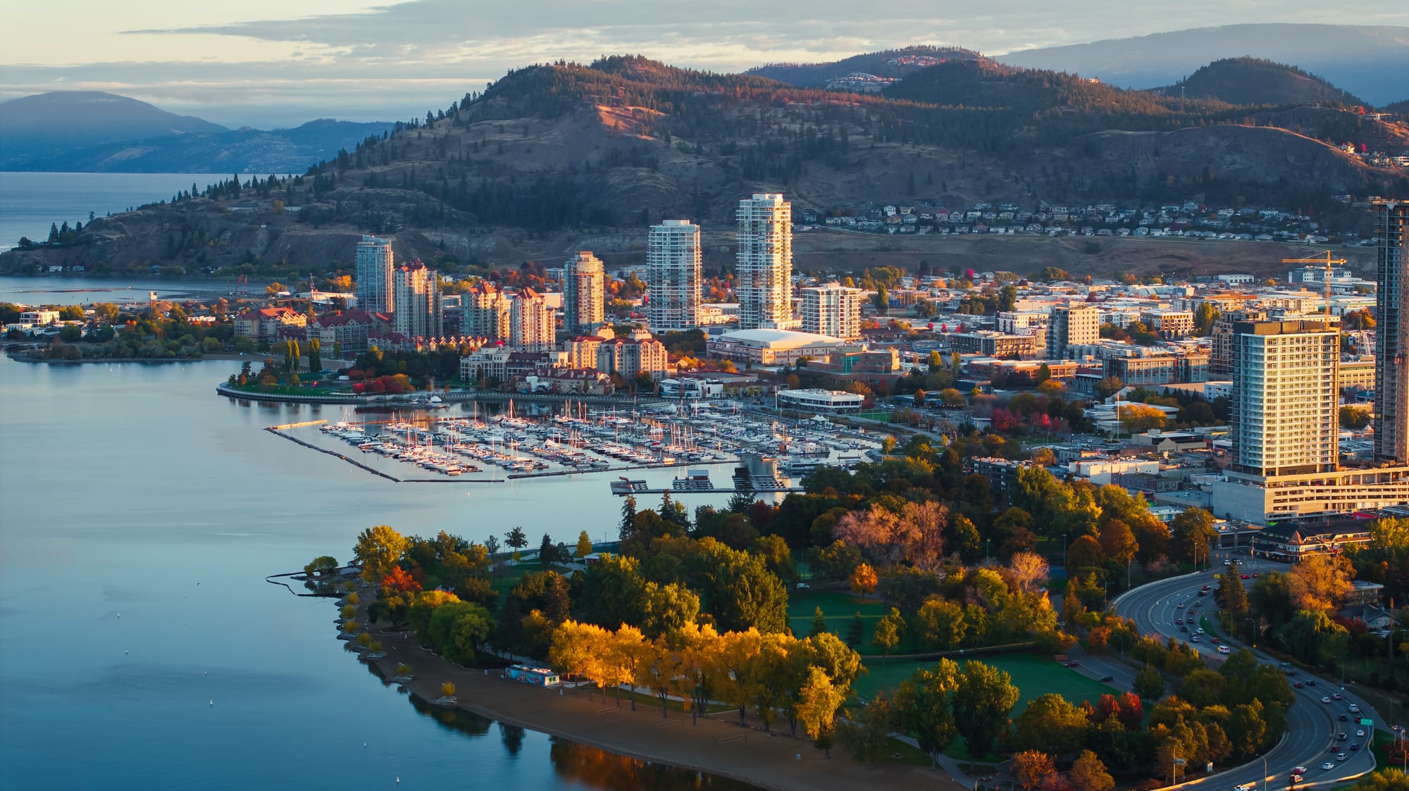 Aerial of downtown Kelowna and Knox Mountain. Photo by Ken Hagen