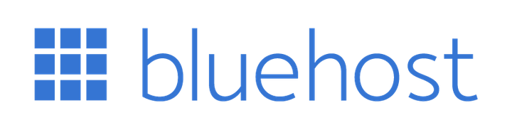 Bluehost logo from the Bluehost media kit. Nine blue squares in a 3x3 grid with the bluehost wordmark next to it