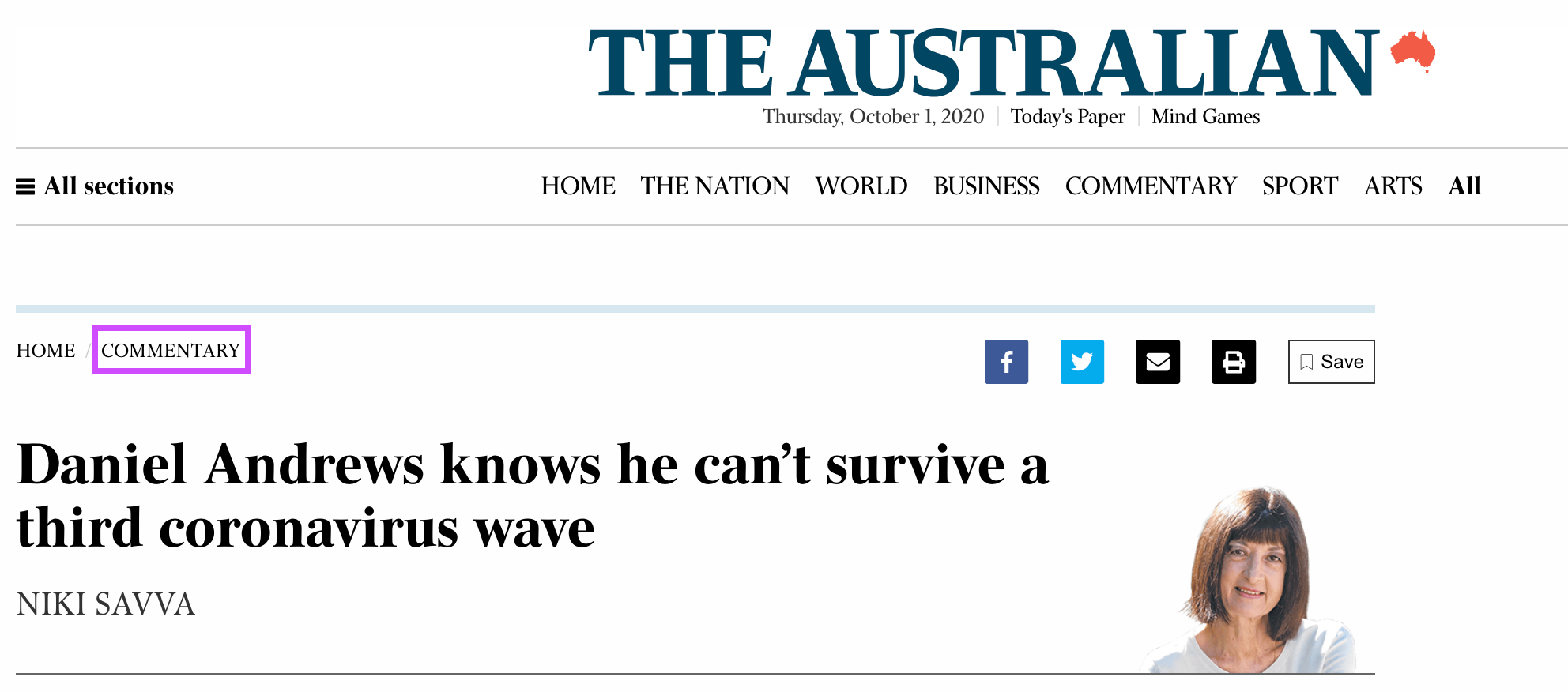 Screenshot of a headline taken from The Australian, with a purple rectangle around the 'commentary' label to show it is an opinion piece