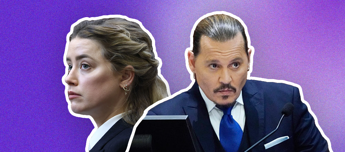 Side-by-side images of Amber Heard and Johnny Depp from the courtroom of their defamation trial. Amber is on the left pictured shoulders-up, wearing a white shirt and dark coloured jacket. Her hair is loosely pulled back and she has a calm, tired expression on her face. Johnny is on the right, sitting behind the stand. His hair is slicked back, his eyebrows raised, he is wearing a navy suit and royal blue tie. 