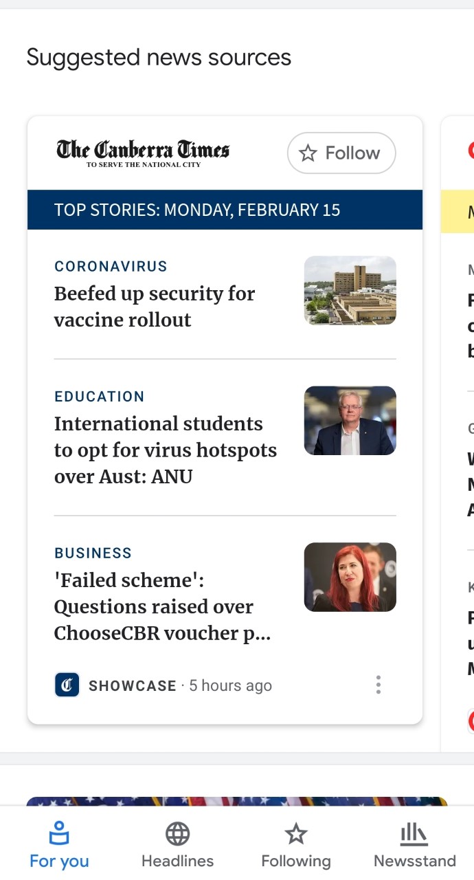 Screenshot of Google's News Showcase as it appears in the news app