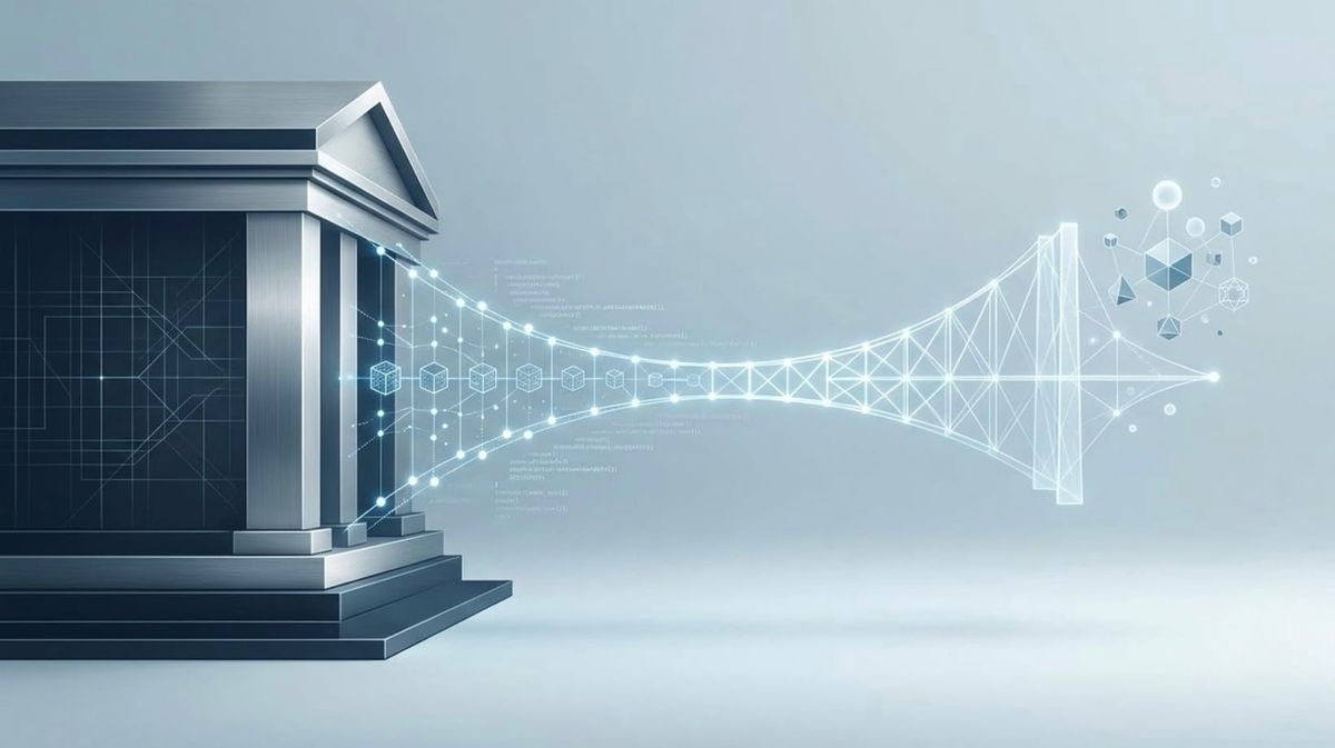Minimalist digital art showing a classical Greek bank on the left emitting glowing data. 