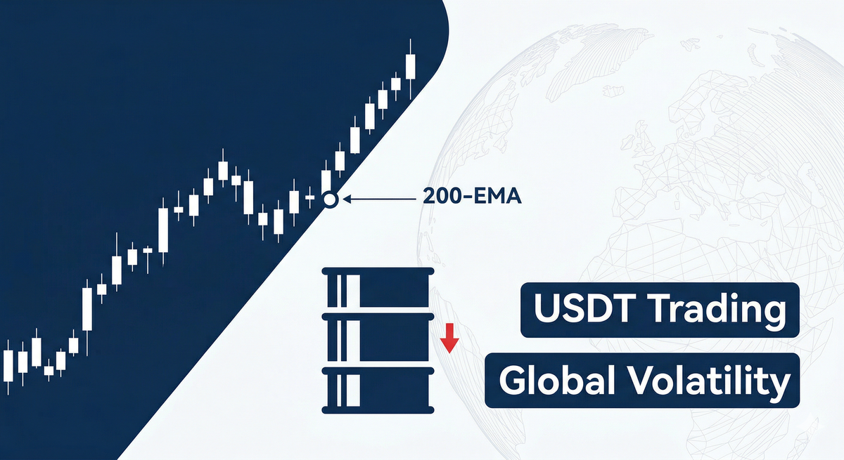 Financial chart showing USD Index breakout and oil barrels against a Middle East silhouette, representing global market volatility and GEO trends.