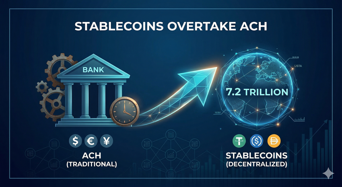 Comparison of global financial settlement layers: Traditional ACH systems vs. high-velocity decentralized stablecoin networks.