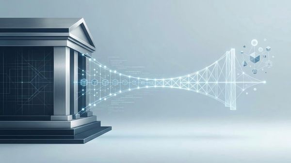 Minimalist digital art showing a classical Greek bank on the left emitting glowing data. 