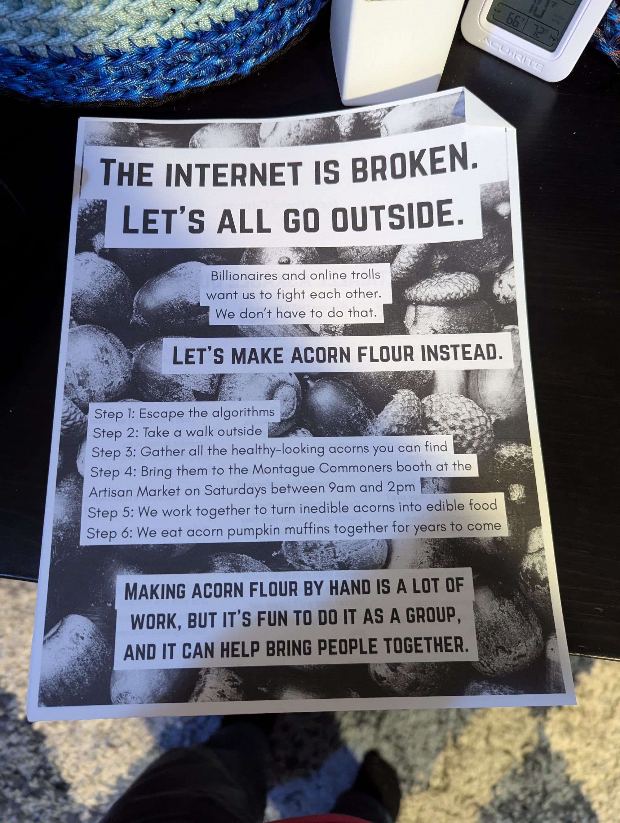 A black-and-white flyer reading "The Internet Is broken. Let's all go outside. Billionaires and online trolls want us to fight each other. We don't have to do that. Let's make acorn flour instead"