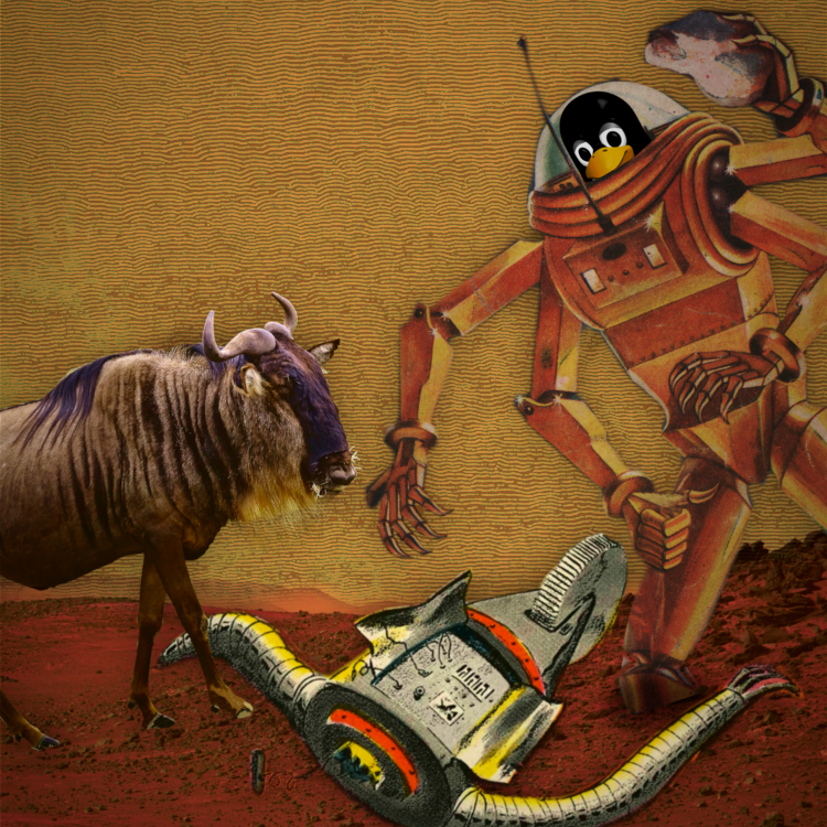 A digital collage by Cory Doctorow featuring Tux the Linux penguin riding in a battlemech while a musk ox looks on from nearby.