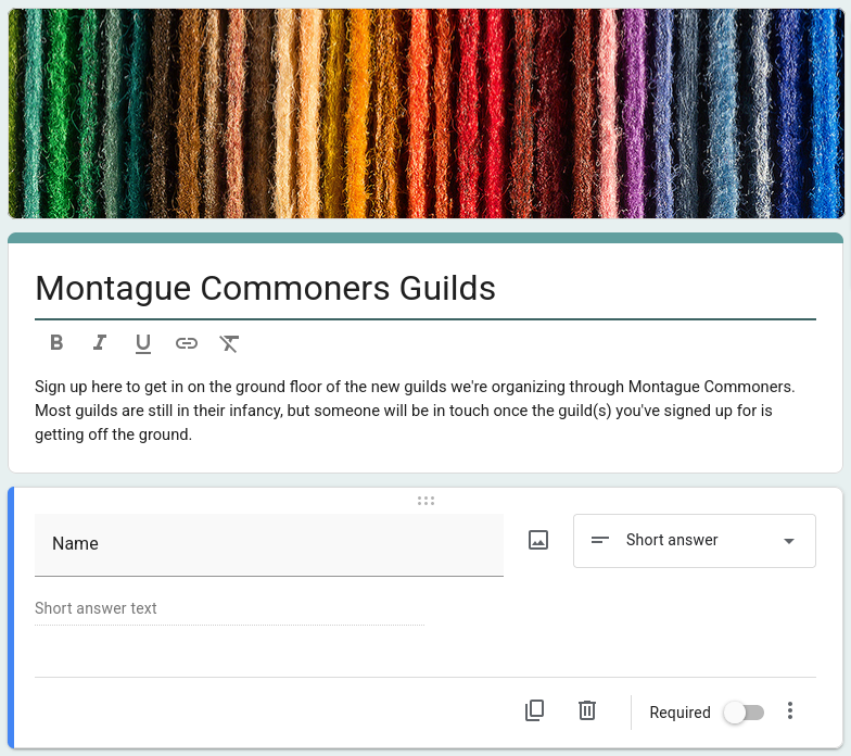 A screenshot of the signup for the new Montague Commoners guilds