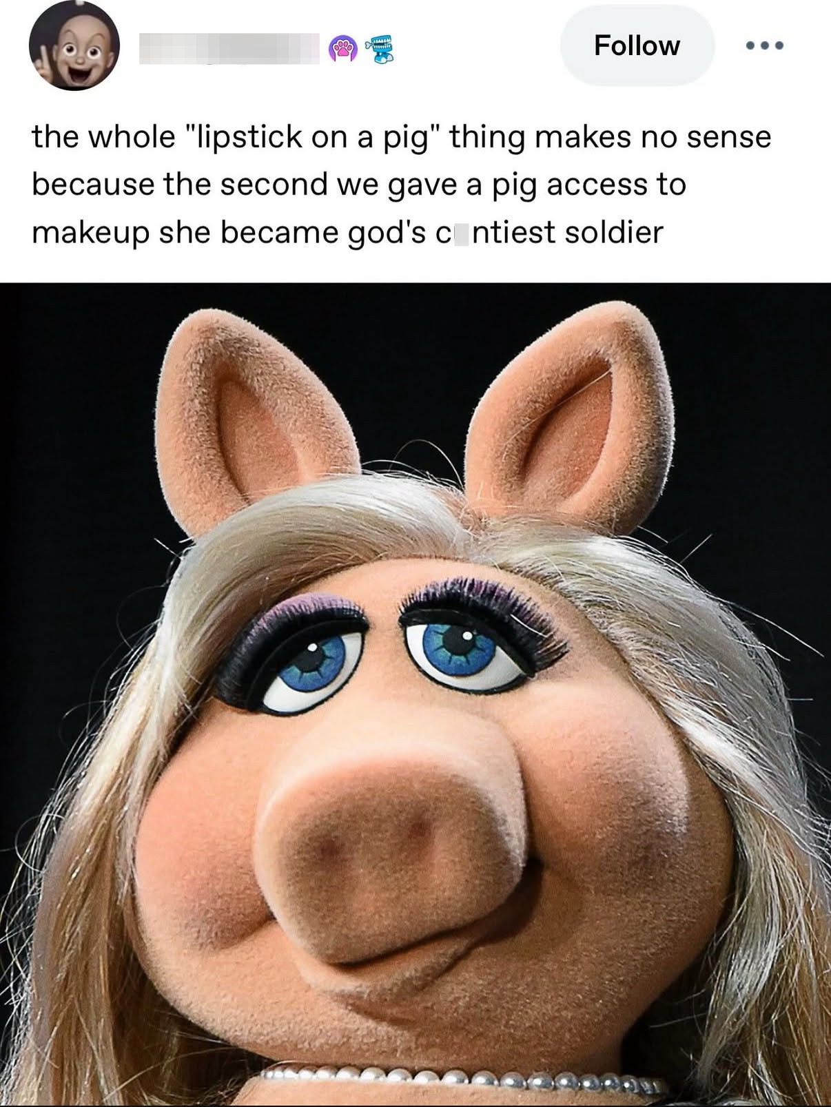 A picture of Miss Piggy from the muppets with the comment "The whole 'lipstick on a pig' thing makes no sense because the second we gave a pig access to makeup she became god's c*ntiest soldier