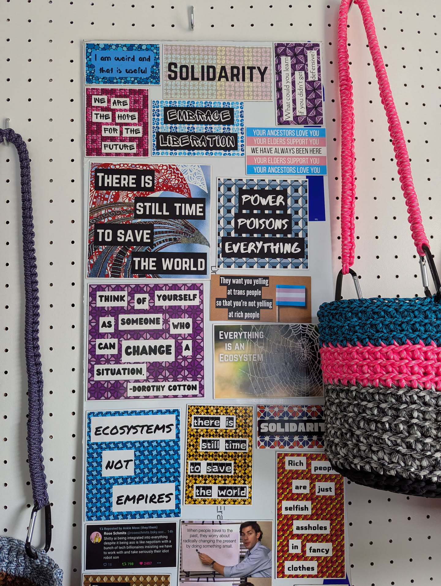 A bunch of colorful stickers with messages of solidarity and hope