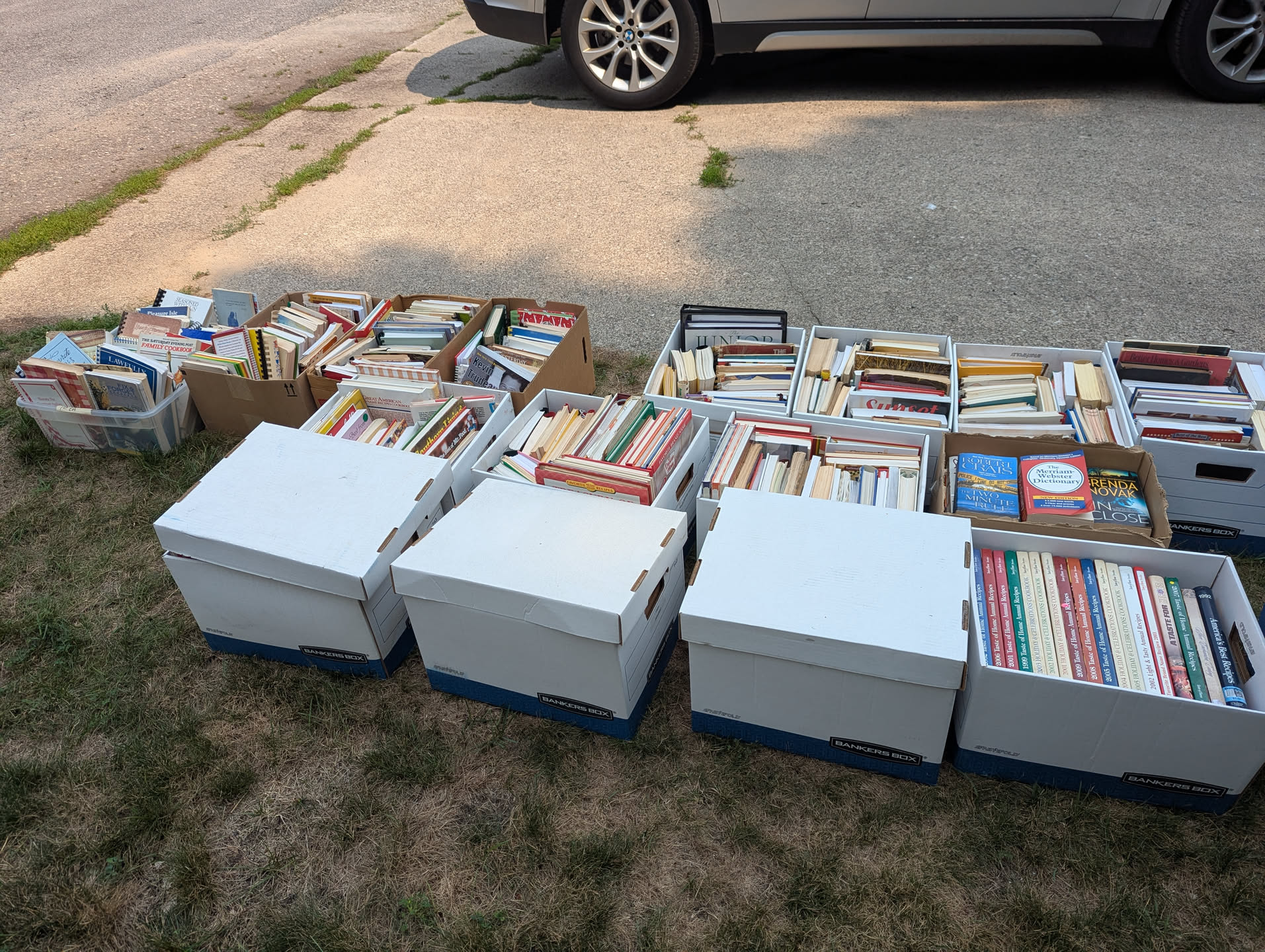 Approximately 16 boxes of books laid out next to a cement driveway