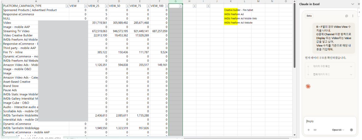 클로드 프롬프트 활용 엑셀 데이터 자동 분류하기 전 화면