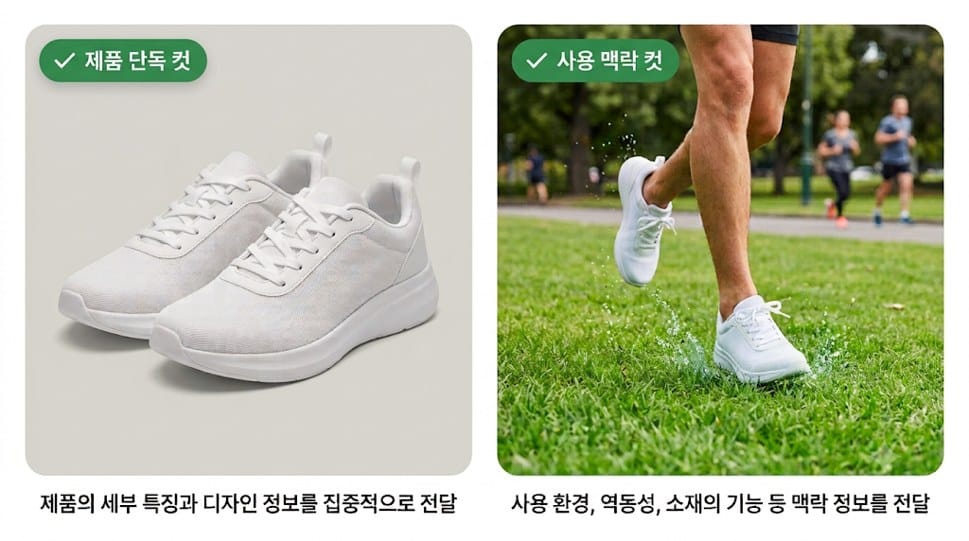 스튜디오에서 단독 촬영한 흰색 러닝화와, 같은 러닝화를 신고 야외 공원 잔디밭에서 달리는 모습을 나란히 비교한 이미지  