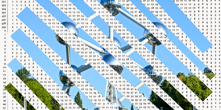 Paper collage. A photograph of the Atomium in Brussels, cut into diagonal strips and reassembled over a grid of numbers.