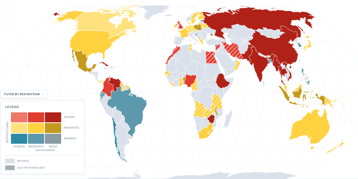A screenshot of the World Map of Encryption Laws. For the full map see https://www.gp-digital.org/world-map-of-encryption