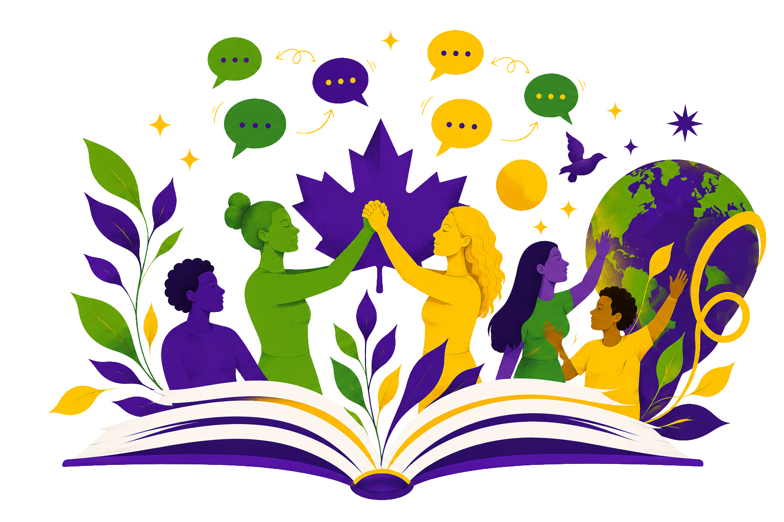 A drawing of five people of diverse heritage and age emerging from a book and holding hands, with symbols of dialogue bubbles, a globe, a dove, and plants emerging in the background. Colors are shared with intersex pride (yellow, purple, black, white,) and green