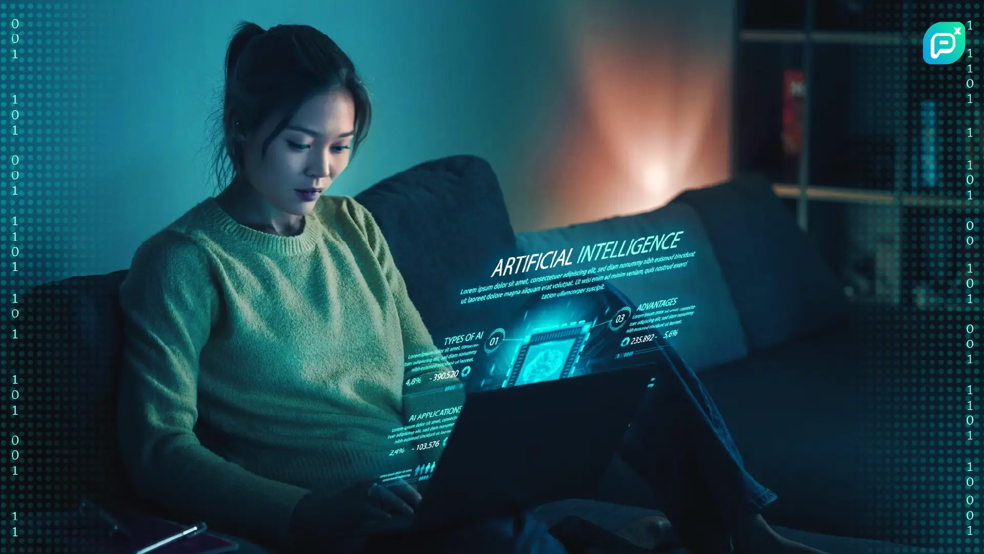ภาพแสดงหญิงสาวกำลังใช้แล็ปท็อป โดยมีอินเทอร์เฟซแบบโฮโลแกรมเกี่ยวกับปัญญาประดิษฐ์ (AI) ลอยอยู่ด้านหน้า แสดงข้อมูลประเภทต่าง ๆ ของ AI สื่อถึงการเชื่อมโยงเทคโนโลยีล้ำสมัยเข้ากับชีวิตประจำวันและการทำงาน