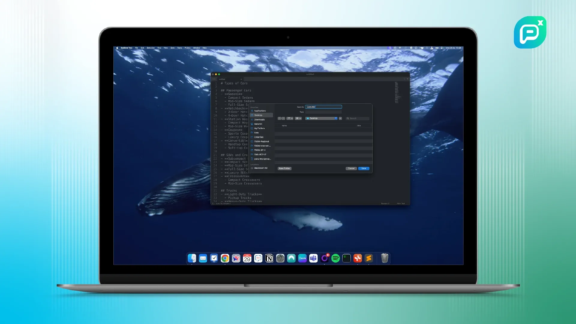ภาพแสดงหน้าจอแล็ปท็อปที่เปิดโปรแกรม **Sublime Text** พร้อมเนื้อหาการจำแนกรถยนต์ที่กำลังถูกบันทึกเป็นไฟล์ชื่อ "Cars.md" ในรูปแบบ **Markdown** หน้าต่างบันทึกไฟล์แสดงเส้นทางการจัดเก็บและประเภทไฟล์ สื่อถึงการใช้งาน Sublime Text ในการแก้ไขและจัดการเอกสารโค้ดอย่างมีประสิทธิภาพ.
