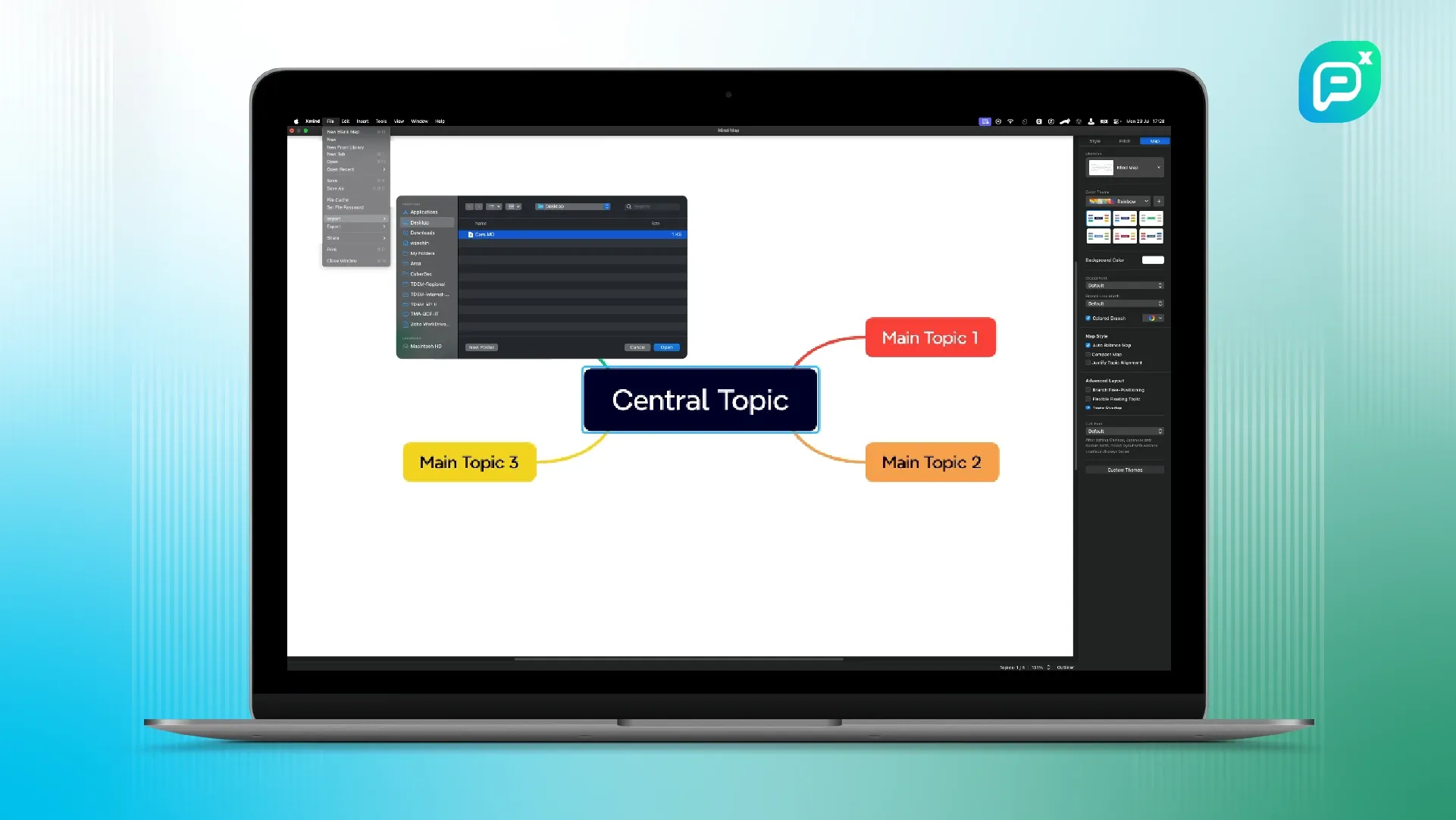 ภาพแสดงโปรแกรม **Xmind** บนแล็ปท็อป โดยมีแผนผังความคิด (Mind Map) ที่เริ่มต้นด้วย **Central Topic** เชื่อมโยงไปยังหัวข้อหลักต่าง ๆ เช่น **Main Topic 1**, **Main Topic 2** และ **Main Topic 3** สื่อถึงการจัดระเบียบความคิดอย่างเป็นระบบเพื่อช่วยในการวางแผนหรือระดมความคิด.