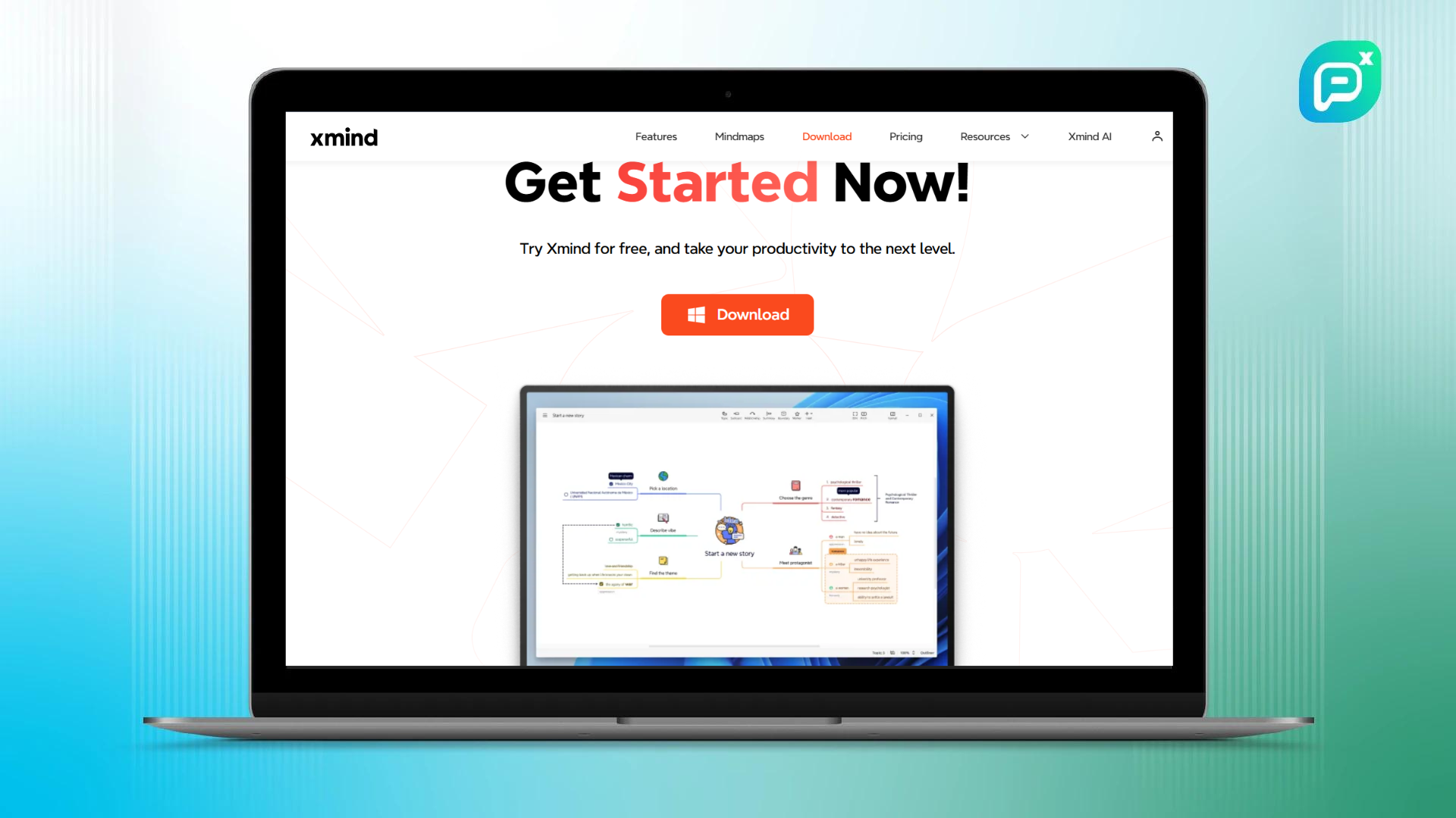 ภาพแสดงหน้าจอเว็บไซต์ **Xmind** บนแล็ปท็อป พร้อมปุ่ม **Download** สำหรับดาวน์โหลดโปรแกรมบน Windows ด้านล่างมีตัวอย่างแผนผังความคิด (Mind Map) สื่อถึงการใช้งาน Xmind เพื่อเพิ่มประสิทธิภาพในการวางแผนและจัดระเบียบความคิดอย่างเป็นระบบ.