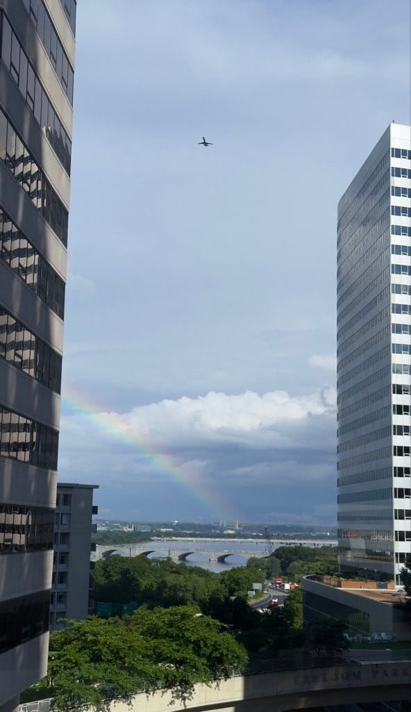 A rainbow looms over the Potomac River
