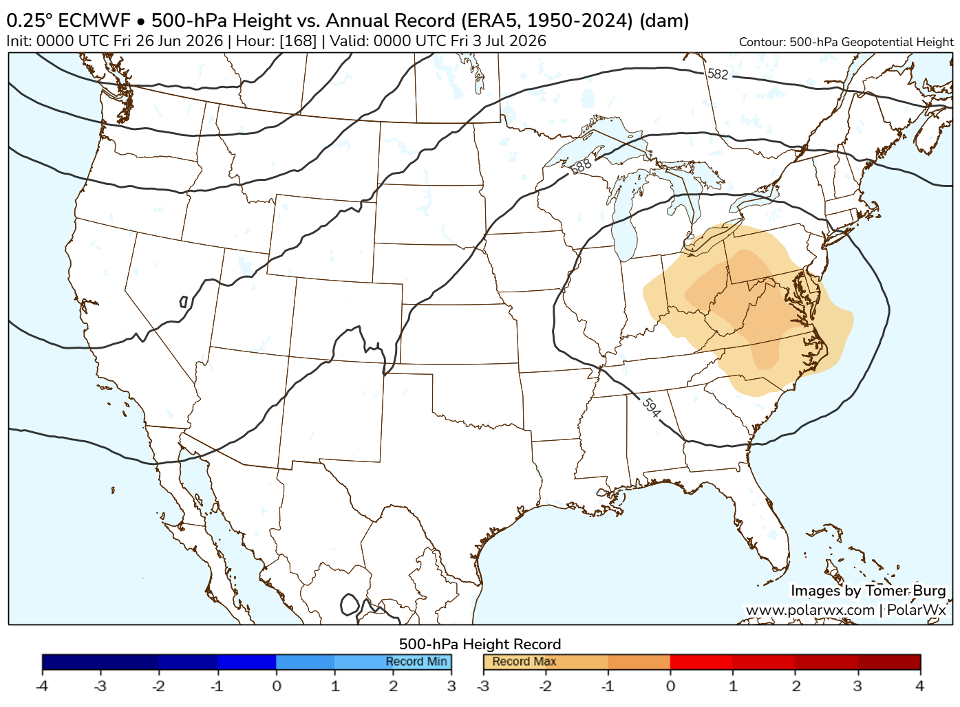A weather map showing high pressure in the eastern U.S. 