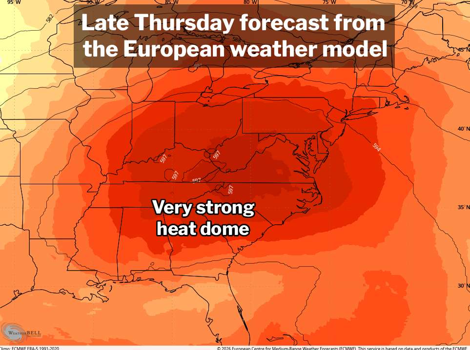 A map showing high pressure over the Eastern US. It's very orange. 