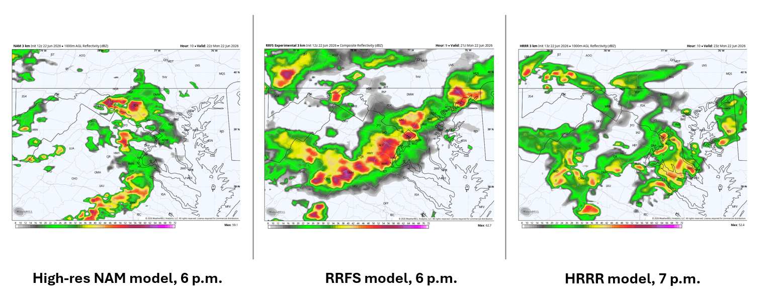 Maps showing locations of possible storms in the early evening