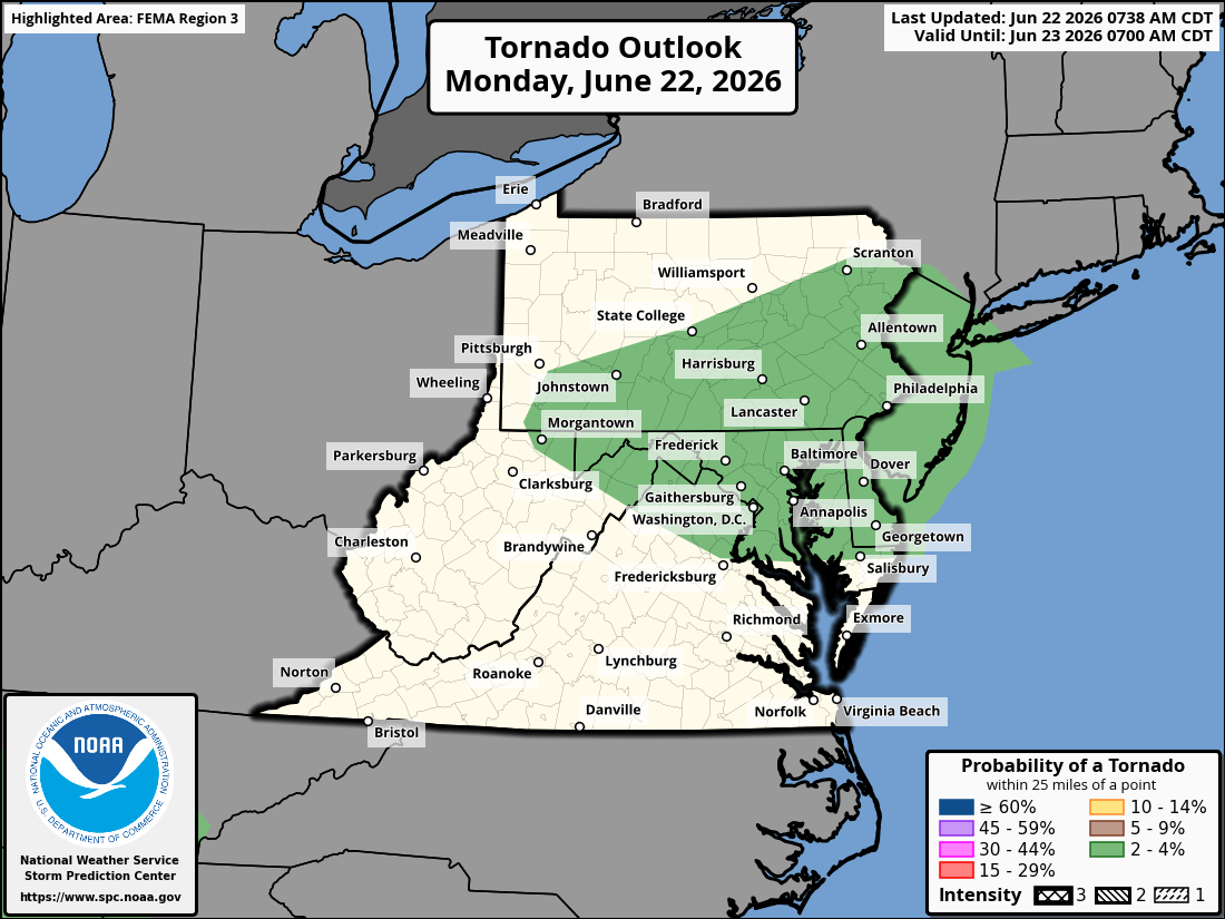 Map showing zone of elevated tornado risk