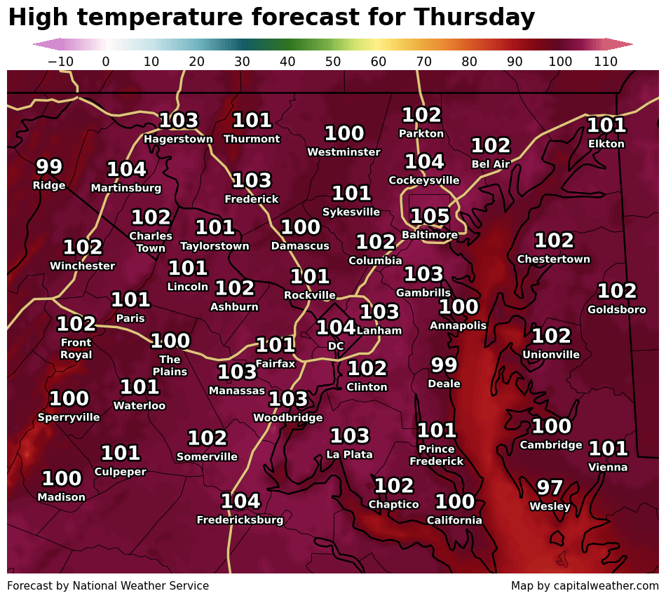Forecast map of high temperatures on Thursday.