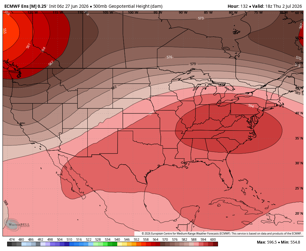 Map showing intense heat dome over the Mid-Atlantic Thursday.