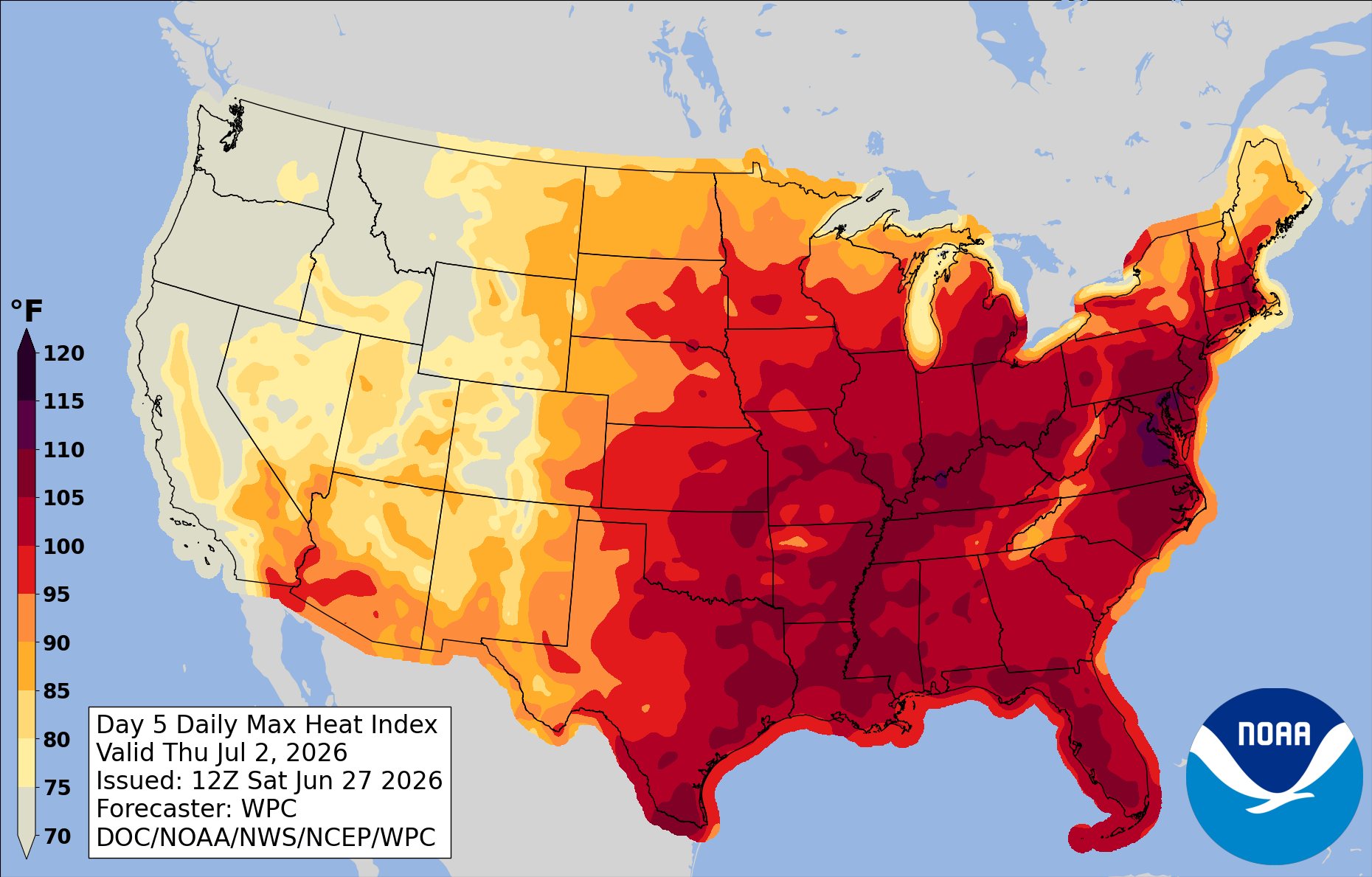 Map of  National Weather Service heat index forecast for Thursday.