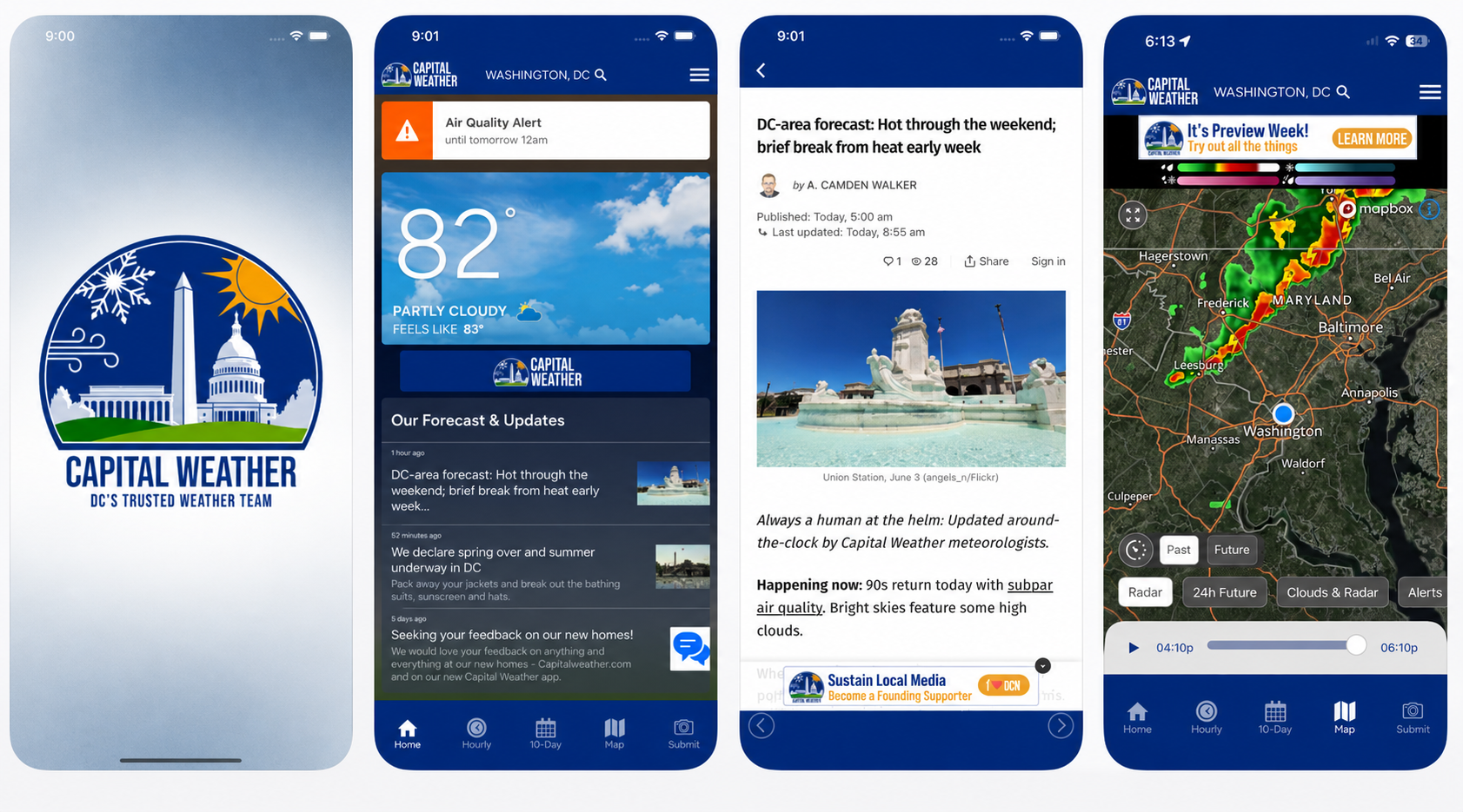 Screenshots of the Capital Weather mobile app