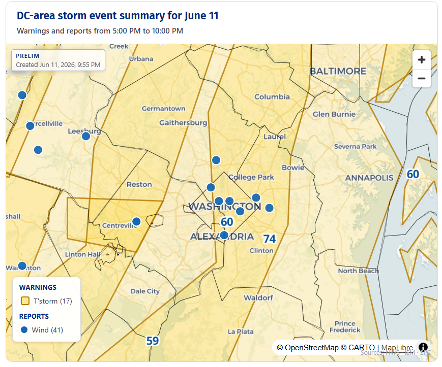 Dots on map indicate where damaging winds were reported.