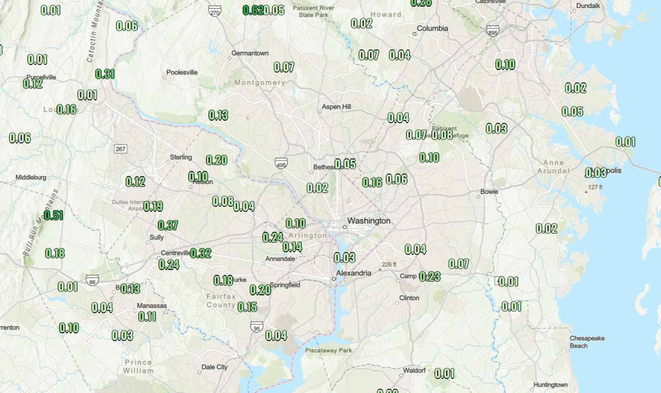 A map of rainfall totals shows a few tenths of an inch most spots.