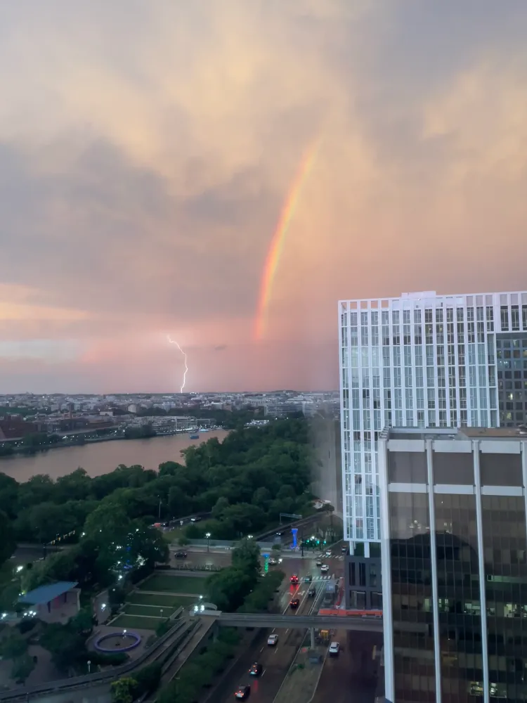 A rainbow and lightning, looking east from Rossyln.