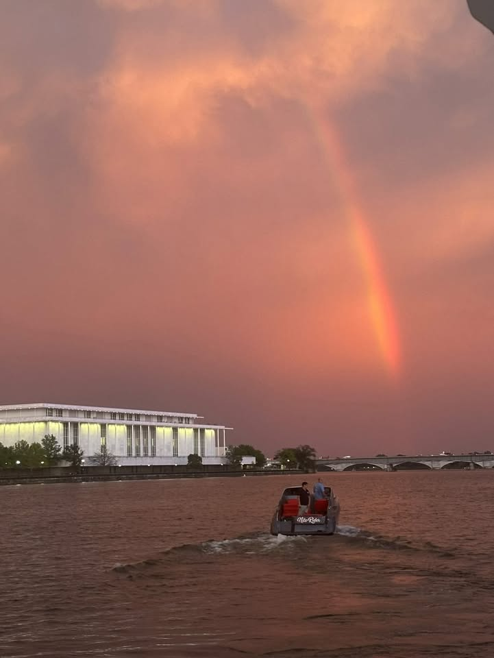 A beautiful rainbow near sunset Friday over the Potomac River and Kennedy Center.