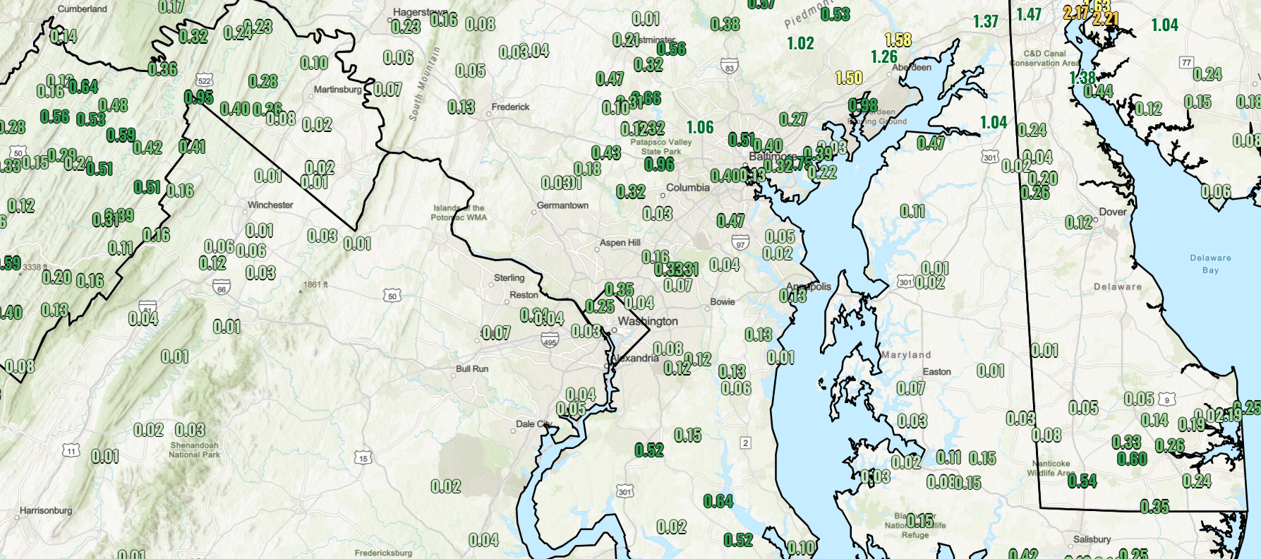 A map showing Sunday's rainfall.