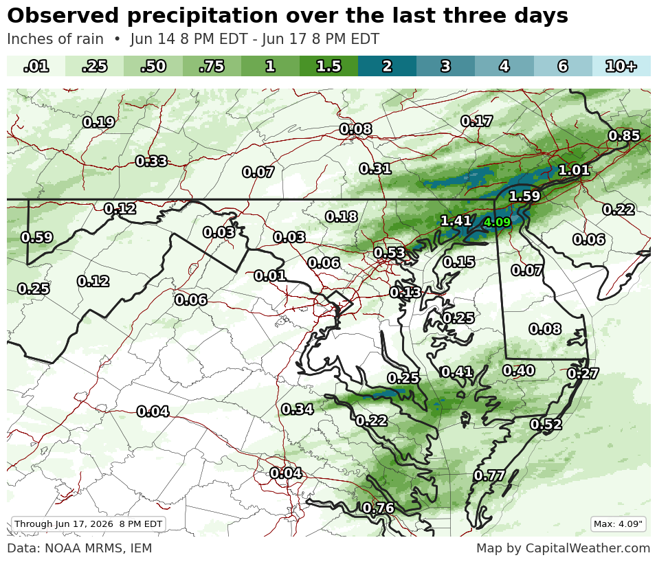 Accumulated precipitation map for the last 72 hours shows a strips near the southern tip of southern Marlyand and from northeast MD to the northeast toward Philly.