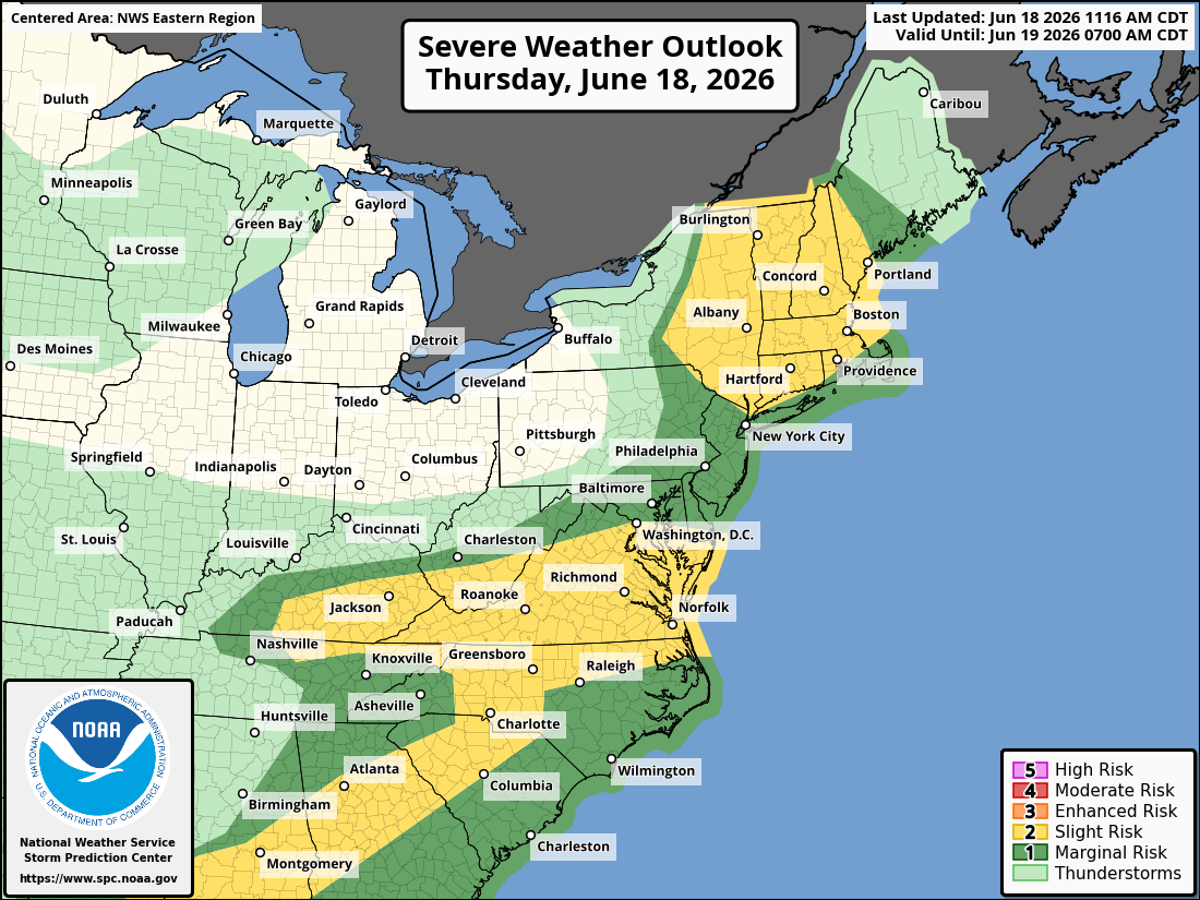 Map of storm risk through Thursday night.