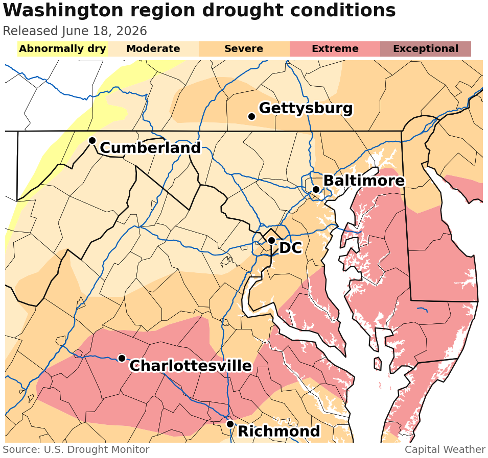 Map showing drought conditions across the region. DC is surrounded by extreme drought, the second to worst category, in the south and east. The city itself is in severe drought. 