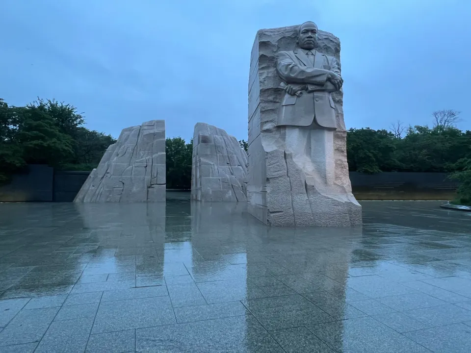 Dim, gray skies and a slight reflection on the wet walk around the MLK memorial