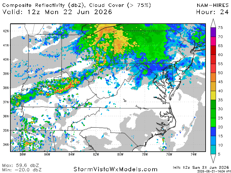 The animation shows possible radar reflectivity based on the North American Model from tomorrow morning into tomorrow night