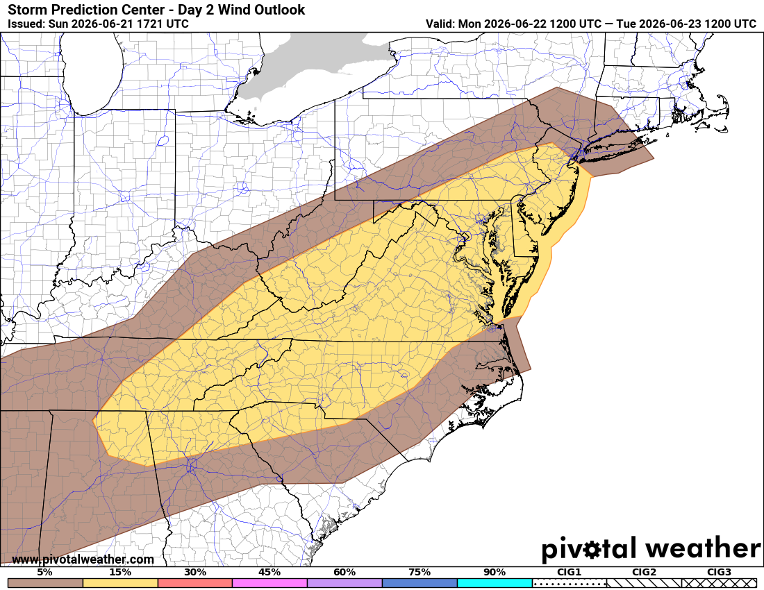 Yellow shading indicates a slight chance for damaging wind gusts over 57 mph in the region Monday