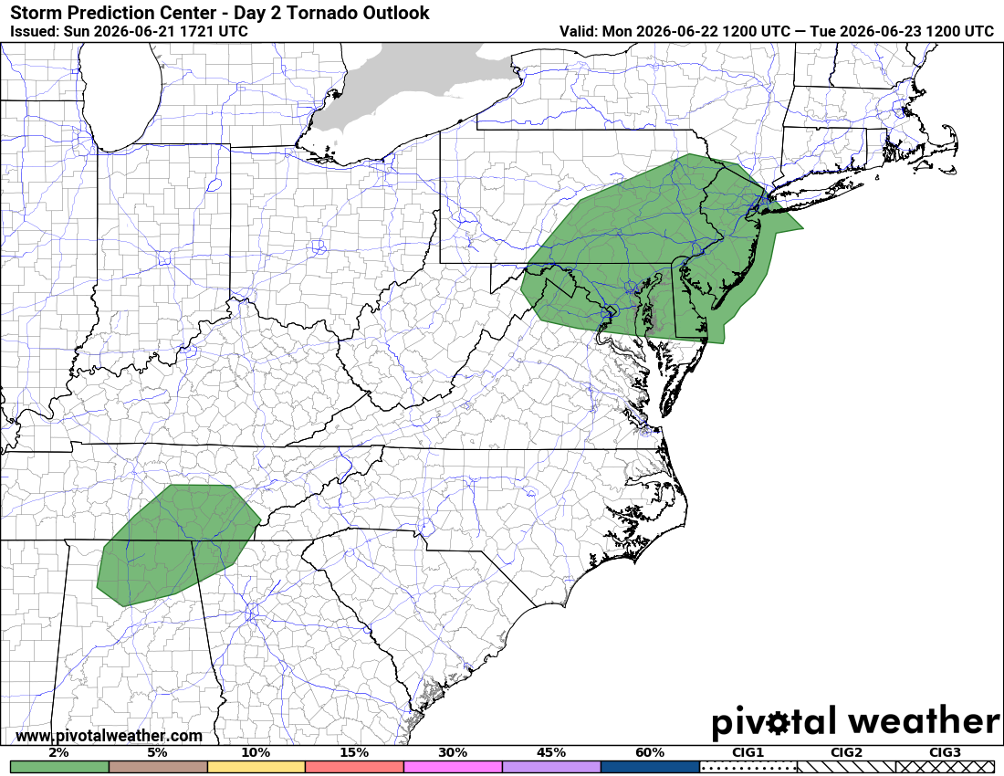 A dark green shading in the map indicates a slight chance for tornadoes in the region Monday