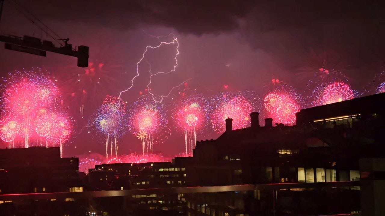 Photo of lightning striking amid the July 4 fireworks.