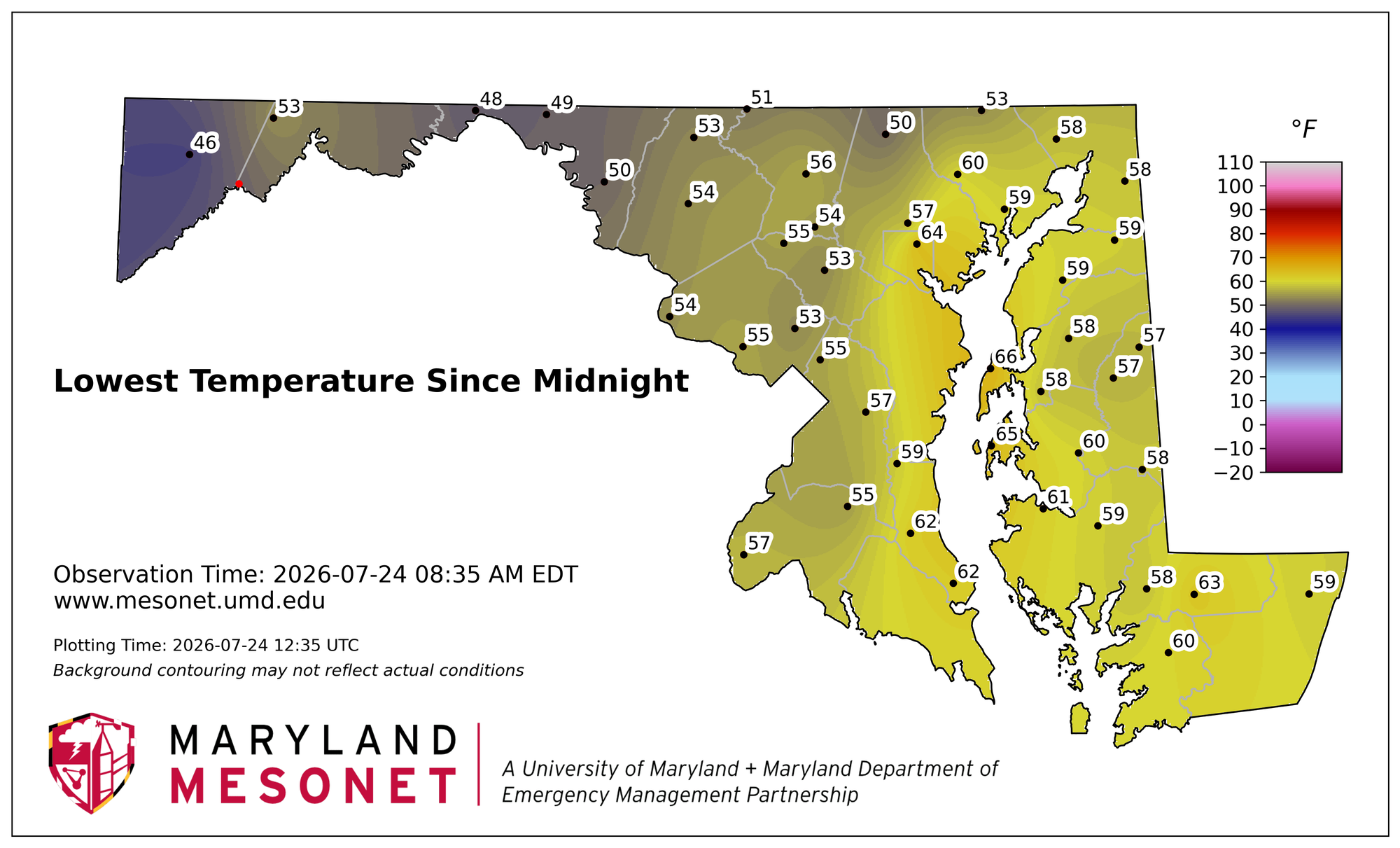 Map of low temperatures across Maryland Friday morning